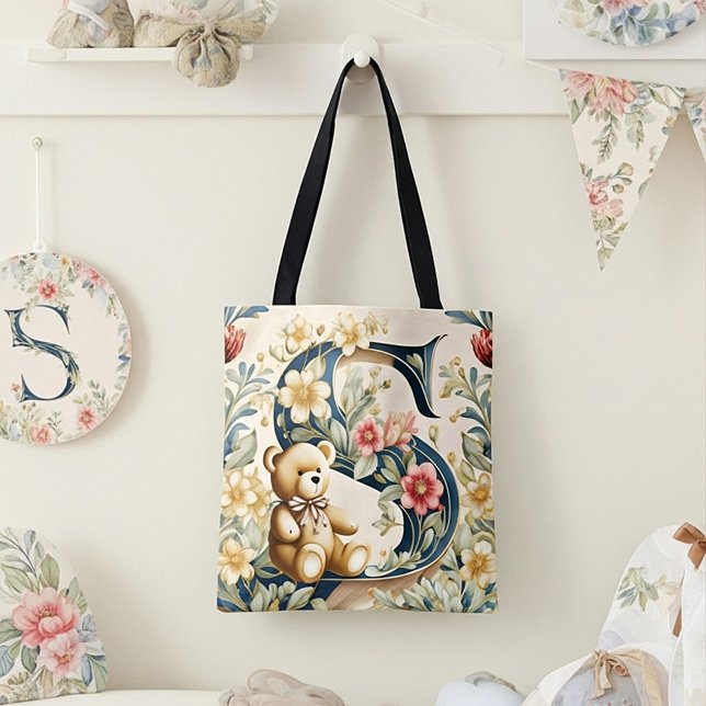 Tote Bag Ours en peluche floral lettre S (Créateur téléchargé)