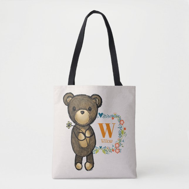 Tote Bag Ours mignon, Fleur Jaune & Fer Florale Personnalis (Devant)