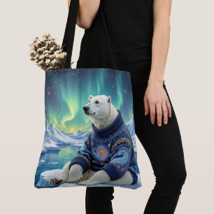 Tote Bag Ours polaire assis sous les aurores boréales