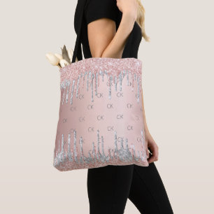 Tote Bag Paillettes de rose gold qui dégoulinent monogramme