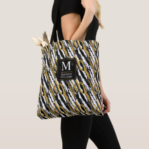 Tote Bag Paillettes noires et or Motif animal zèbre blanc