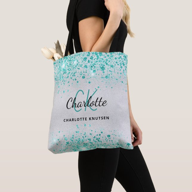 Tote Bag Paillettes vert sarcelle argenté monogramme nom gl (De près)