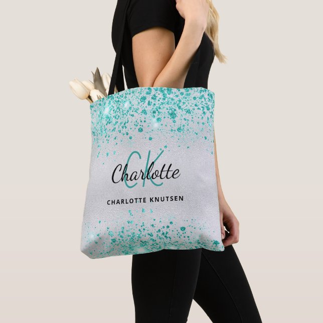 Tote Bag Paillettes vert sarcelle monogramme nom glamour (De près)