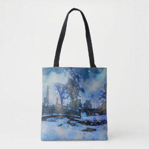Tote Bag Painting of winter night in city park