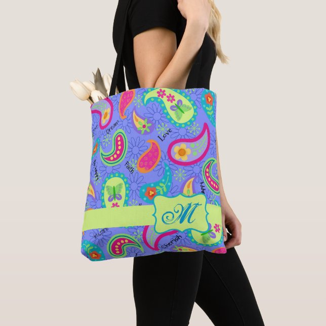 Tote Bag Paisley Modern Lavender Nom du monogramme (De près)