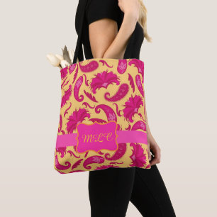Tote Bag Paisley Yellow Pright Pink Monogramme Personnalise