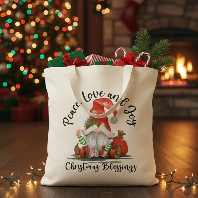 Tote Bag Paix, Amour & Joie Bénédiction Gnome de Noël (Peace, Love & Joy Christmas Gnome Blessings Tote Bag)