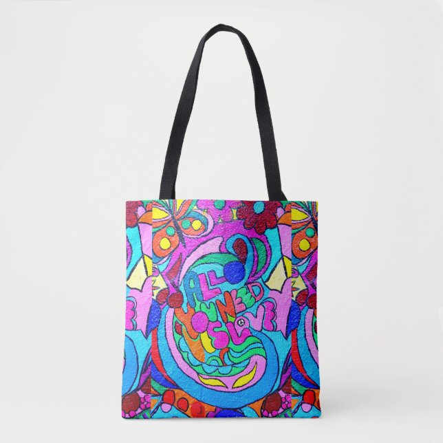 Tote Bag Paix et amour super et colorés (Devant)