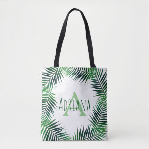 Tote Bag Palme tropicale Feuille & lettre initiale avec nom