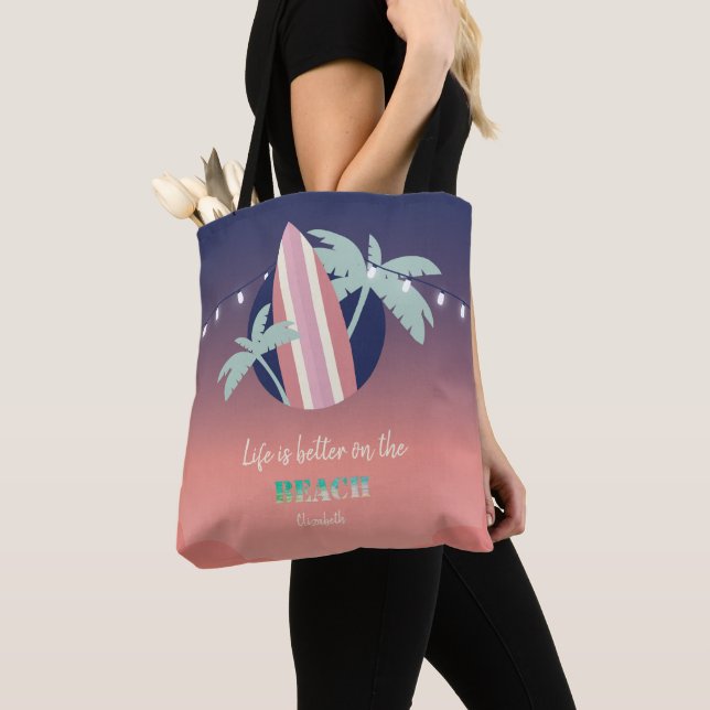 Tote Bag Palmiers,Planche de Surf,Lumières de Chaîne de Pla (De près)