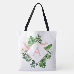Tote Bag Palmiers tropicaux Mariage rose clair Monogramme
