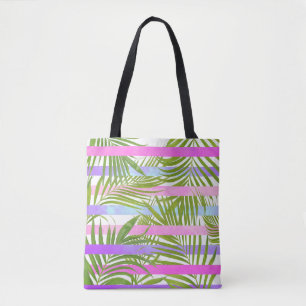 Tote Bag Palmiers tropicaux modernes violets roses rayures