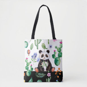 Tote Bag Panda Cute Avec Oiseau Vert Et Motif Cactus