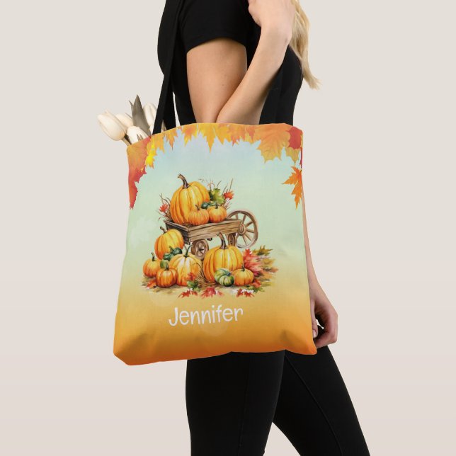 Tote Bag Panier de Citrouille chute feuille frontière Orang (De près)