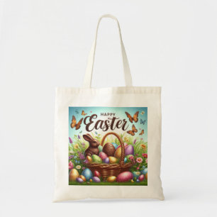 Tote Bag Panier de Pâques coloré, Joyeux avec oeufs