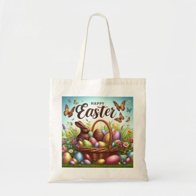Tote Bag Panier de Pâques coloré, Joyeux avec oeufs (Devant)