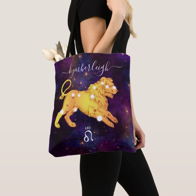 Tote Bag Panneau Leo Zodiac Monogramme cosmique Nom Gold Pu (De près)