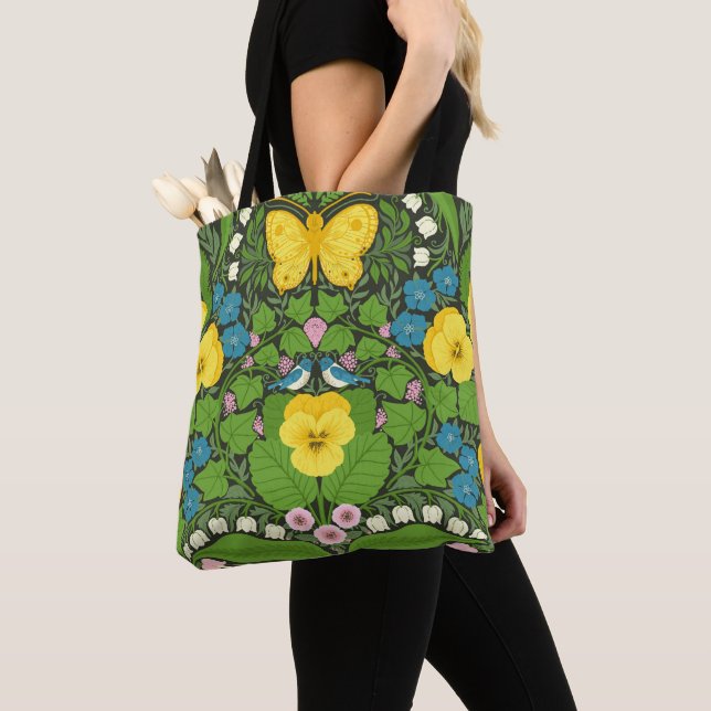 Tote Bag Pansies jaunes, oiseaux et papillons (De près)