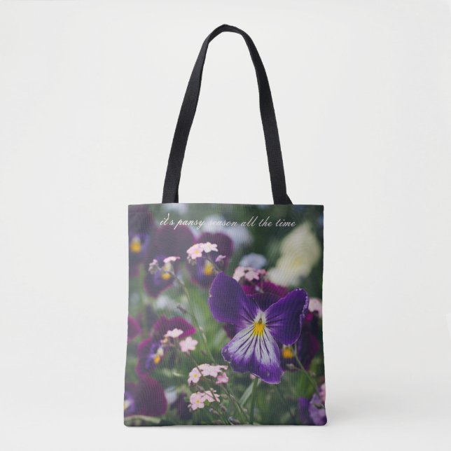 Tote Bag Pansies violettes et oubliettes roses (Devant)