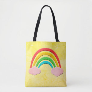 Tote Bag Papier Vieilli Coupé Arc-En-Ciel Et Nuages Roses