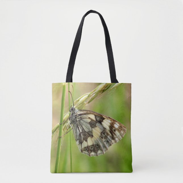 Tote Bag Papillon blanc marbré sur l'herbe (Devant)