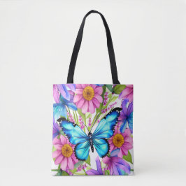 Tote Bag Papillon bleu dans un champ de fleurs