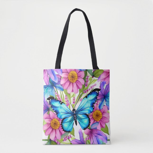 Tote Bag Papillon bleu dans un champ de fleurs (Devant)