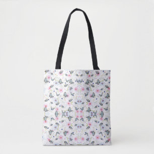 Tote Bag Papillon bleu et fleurs roses à l'aquarelle vintag