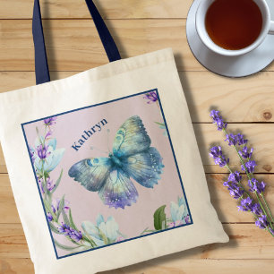 Tote Bag Papillon bleu et lavande personnalisée