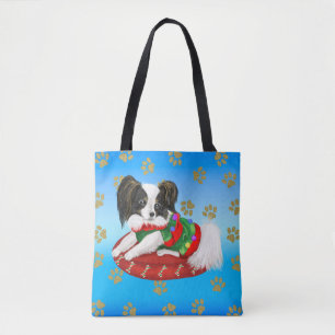 Tote Bag Papillon Chiot avec robe de Noël verte et rouge