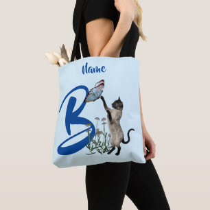 Tote Bag Papillon de chat siamois monogramme initial B nom