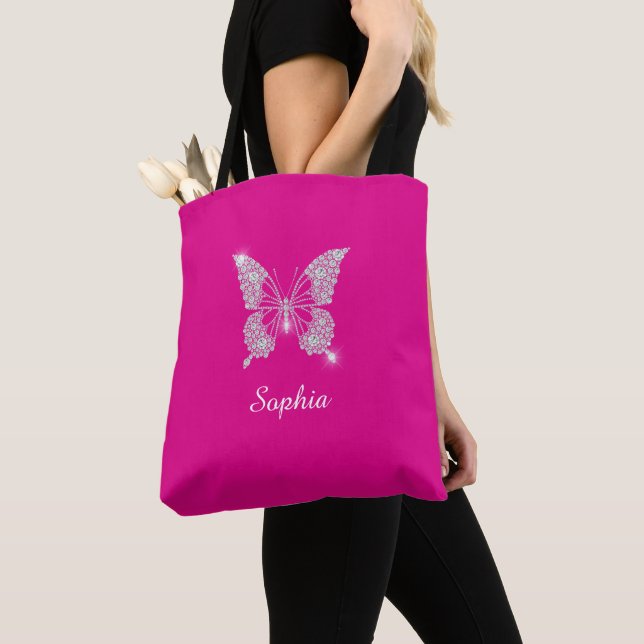 Tote Bag Papillon Diamant Blanc, Nom du script, Fuchsia (De près)