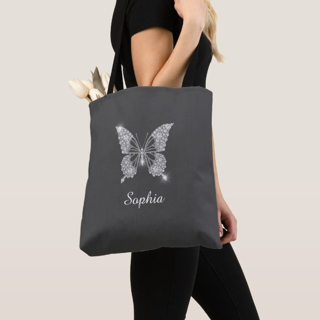 Tote Bag Papillon Diamant Blanc, Nom du script, Gris foncé (De près)