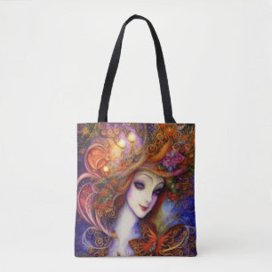 Tote Bag Papillon Et Déesse De Jardin En Aquarelle Blues