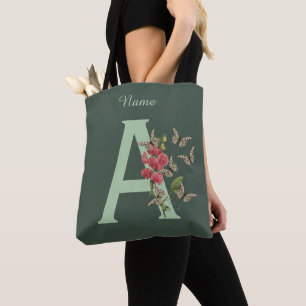 Tote Bag Papillon Fleur Monogramme Initiale A Personnalisé