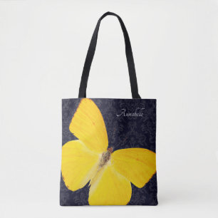 Tote Bag Papillon Jaune Élégant Damassé Noir Ajouter Nom