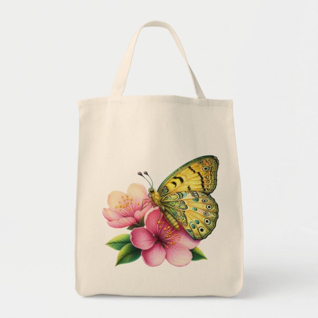 Tote Bag Papillon jaune sur les fleurs de cerisiers (Devant)