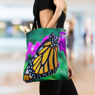 Tote Bag Papillon monarque orange photo fleur violet chic