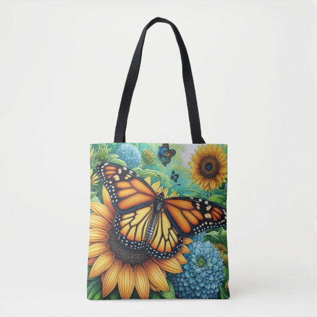 Tote Bag Papillon monarque reposant sur les tournesols (Devant)