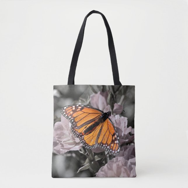 Tote Bag Papillon monarque sur les fleurs rose et gris bouc (Devant)