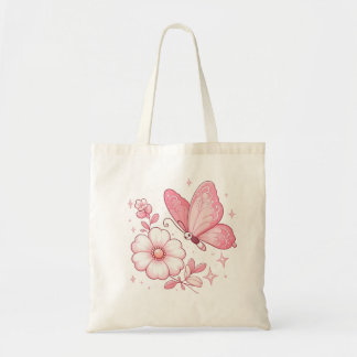 Tote Bag Papillon rose et fleurs