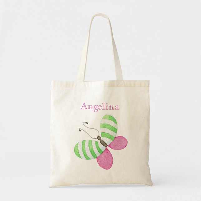 Tote Bag Papillon vert rose avec le nom (Devant)