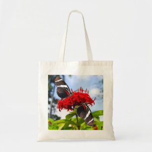 Tote Bag Papillons à ailes longues zébrées sur fleurs rouge