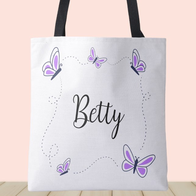 Tote Bag Papillons blancs et violets (Purple butterflies custom name tote bag.)