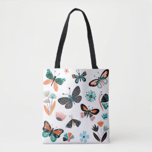 Tote Bag Papillons et fleurs, collection dessinée à la main