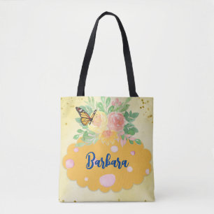 Tote Bag "Papillons, fleurs et points"
