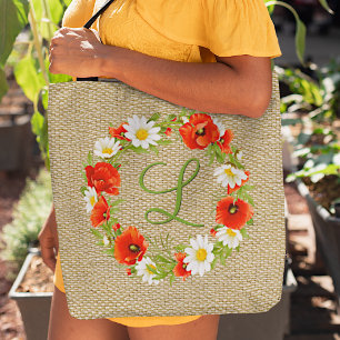 Tote Bag Papillons rouges Marguerites jaunes blancs Fleur W