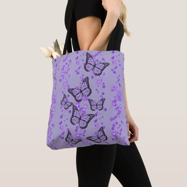 Tote Bag papillons violets lavande sur parties scintillant  (De près)