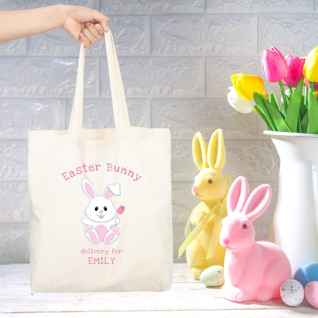Tote Bag Pâques Bunny Pink Tulip Nom personnalisé Fêtes (Créateur téléchargé)