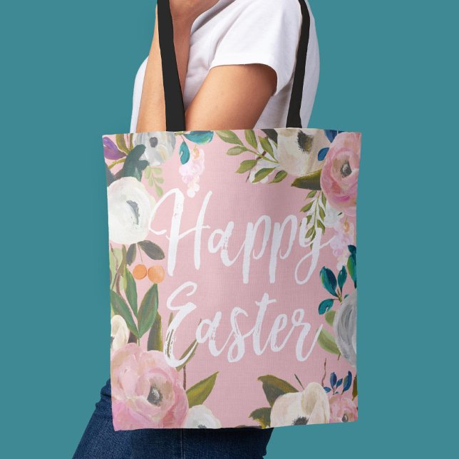Tote Bag Pâques florales rose joyeux | Chasse aux oeufs de  (Créateur téléchargé)